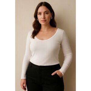Farm Rio white ribbed‎ scoop neck long sleeve top S